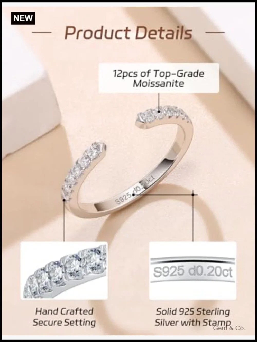 0.2ct VVS1 Moissanite Open Gap Ring Adjustable Half Eternity Wedding Band